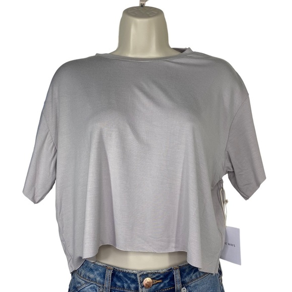 ALL THE WAYS NEW Sidney Boxy Raw Edge Crop Tee in Grey Size M - Picture 4 of 11